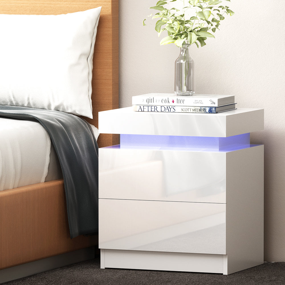 Artiss Coley LED Bedside Table with 2 Drawers and Lift-Up Storage – White
