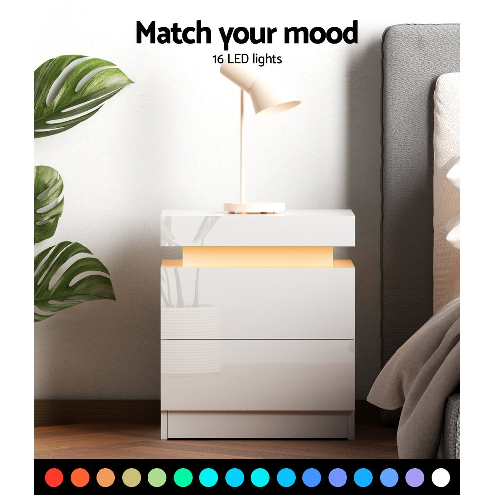 Artiss Coley LED Bedside Table with 2 Drawers and Lift-Up Storage – White
