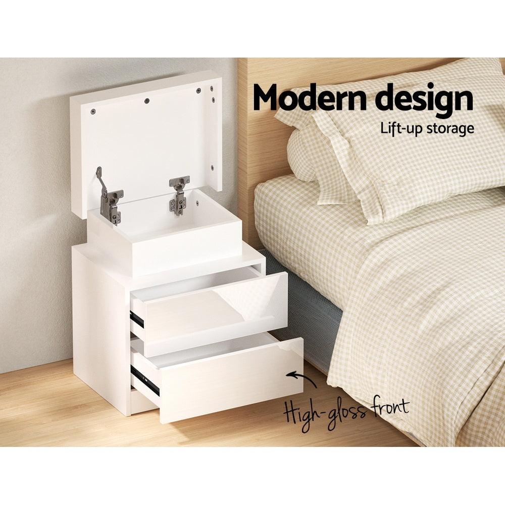 Artiss Coley LED Bedside Tables with Lift-Up Storage – White, Set of 2