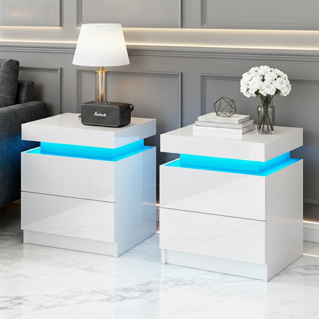 Artiss Coley LED Bedside Tables with Lift-Up Storage – White, Set of 2
