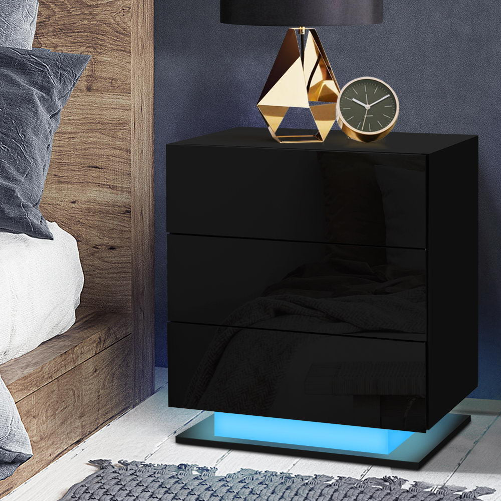 Artiss Mori LED Bedside Table with 3 Drawers – Black