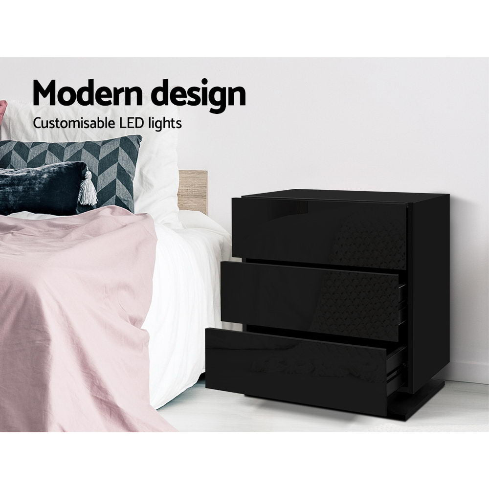 Artiss Mori LED Bedside Table with 3 Drawers – Black