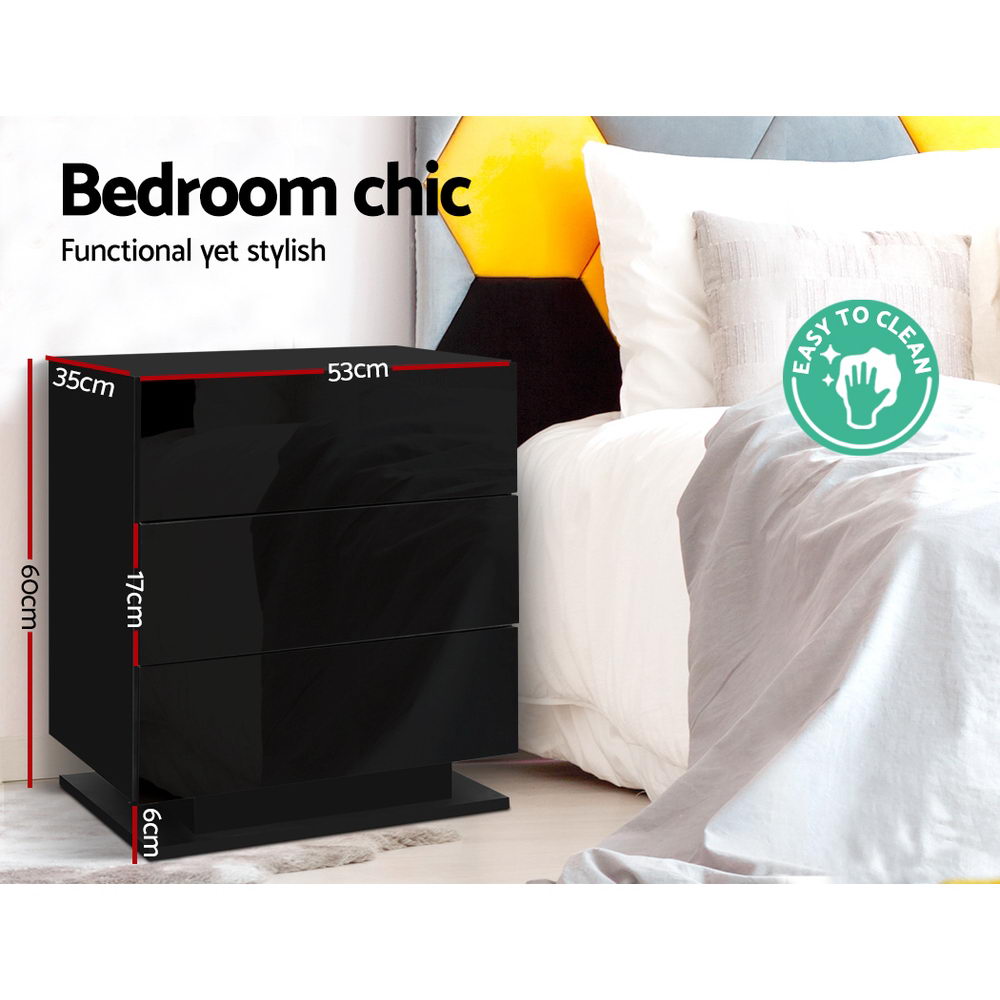 Artiss Mori LED Bedside Table with 3 Drawers – Black