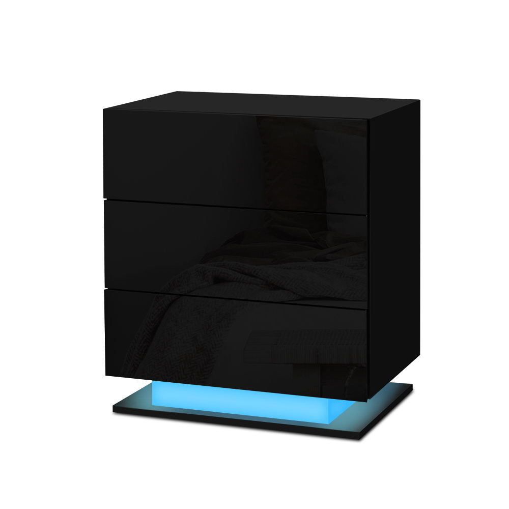 Artiss Mori LED Bedside Table with 3 Drawers – Black