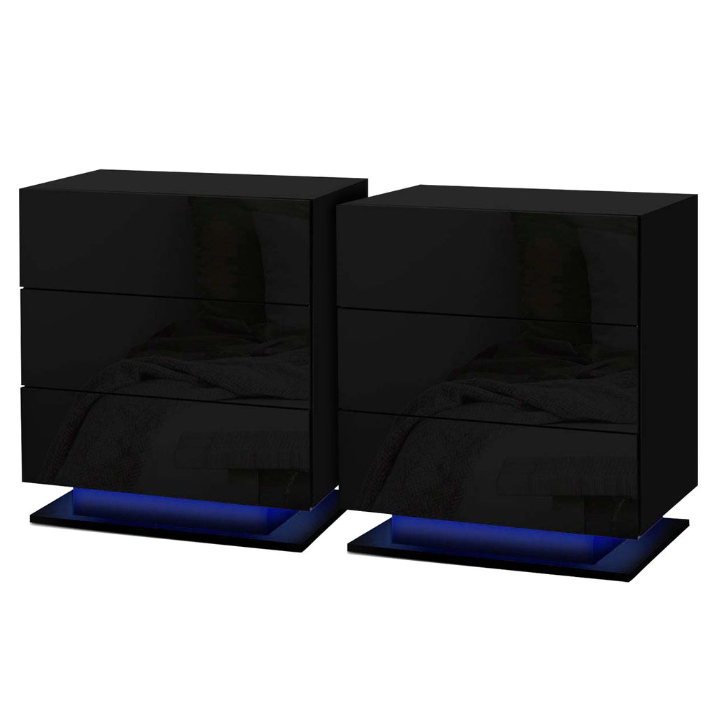 Artiss Mori LED Bedside Tables with 3 Drawers – Black, Set of 2