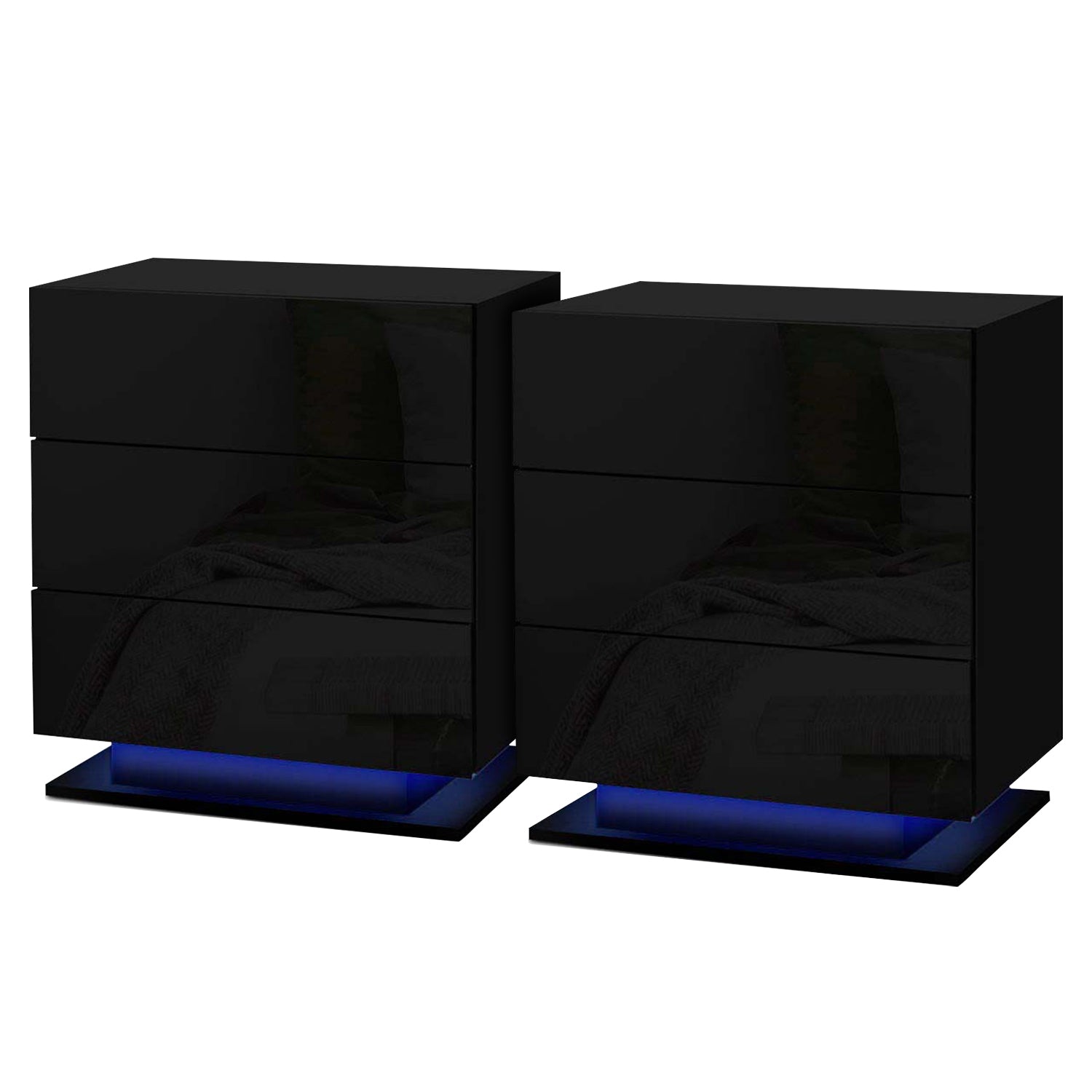Artiss Mori LED Bedside Tables with 3 Drawers – Black, Set of 2
