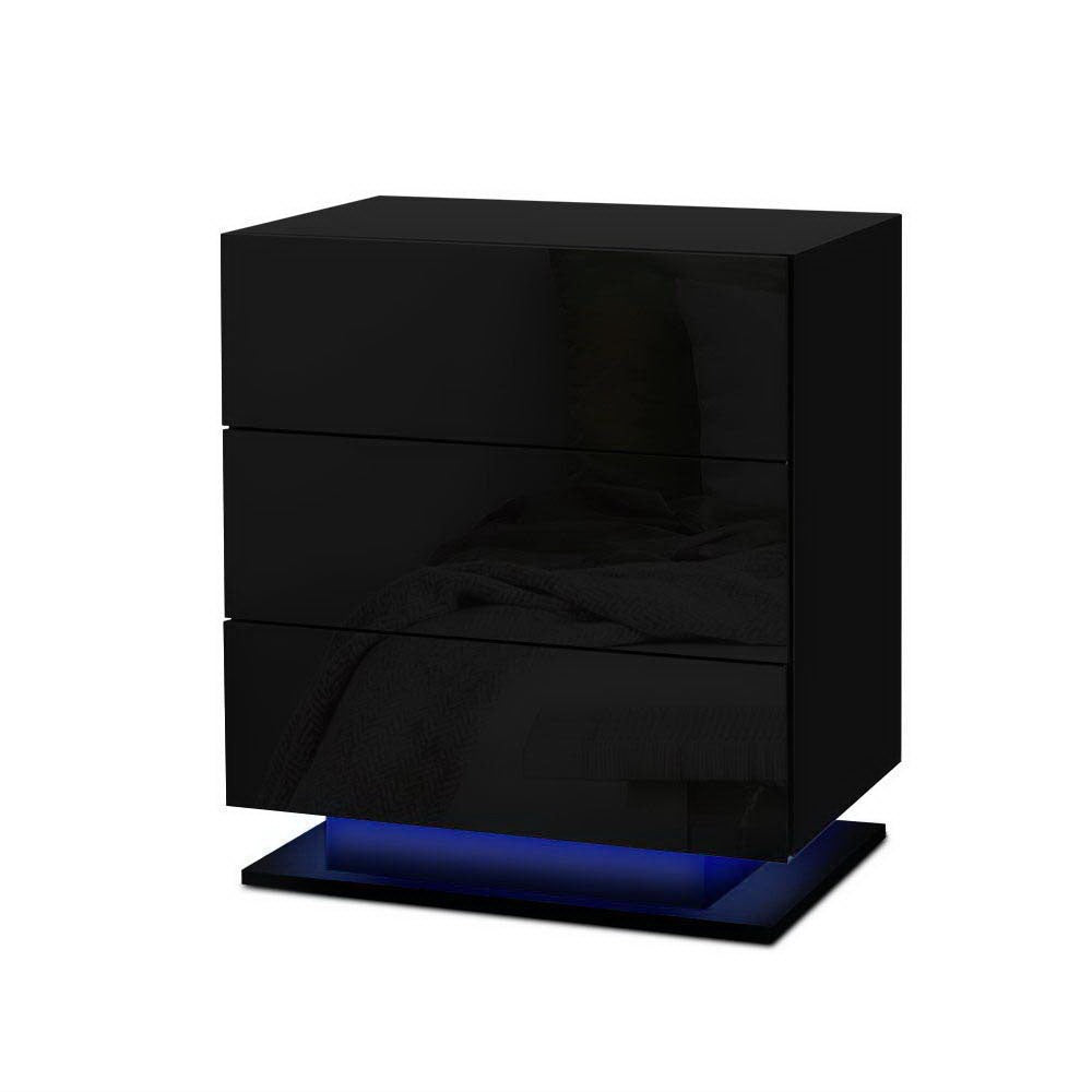 Artiss Mori LED Bedside Tables with 3 Drawers – Black, Set of 2