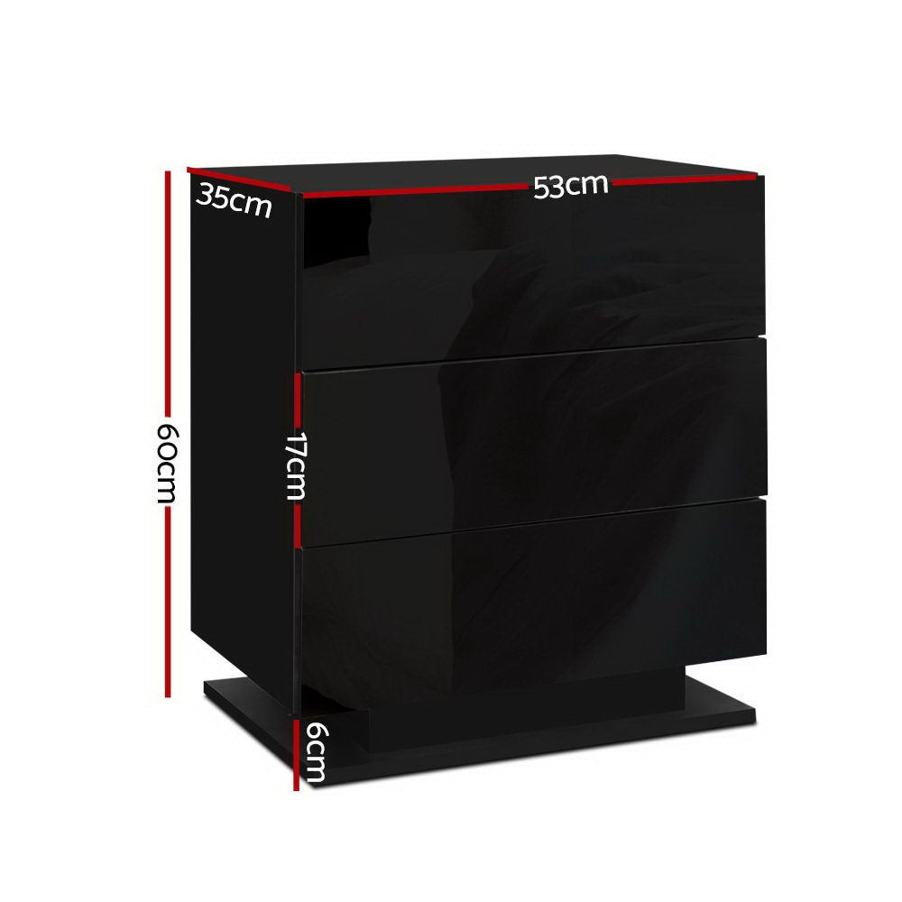 Artiss Mori LED Bedside Tables with 3 Drawers – Black, Set of 2