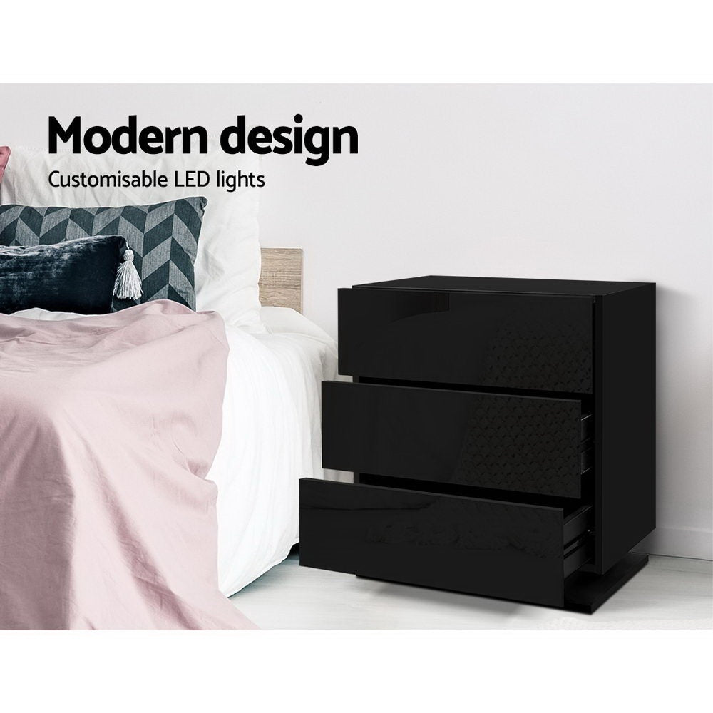 Artiss Mori LED Bedside Tables with 3 Drawers – Black, Set of 2