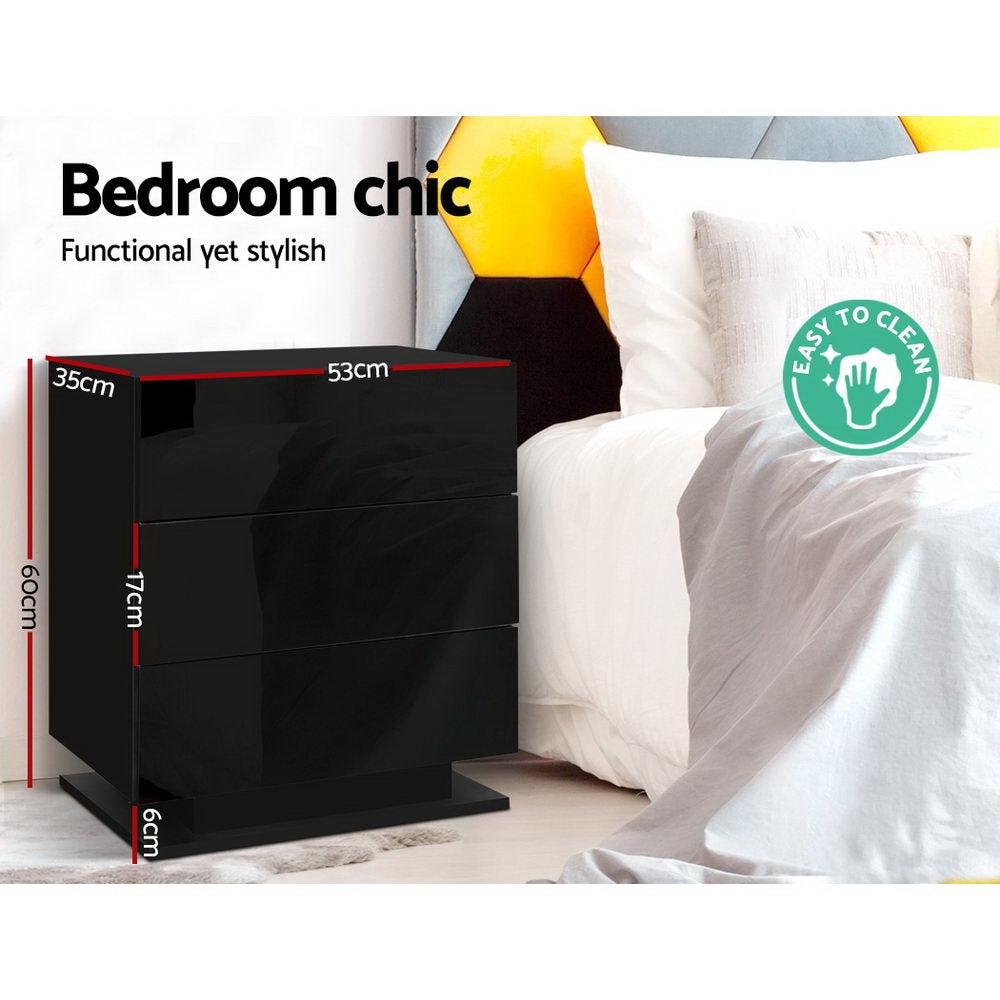 Artiss Mori LED Bedside Tables with 3 Drawers – Black, Set of 2