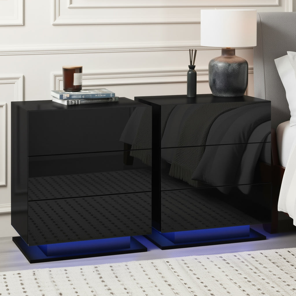 Artiss Mori LED Bedside Tables with 3 Drawers – Black, Set of 2