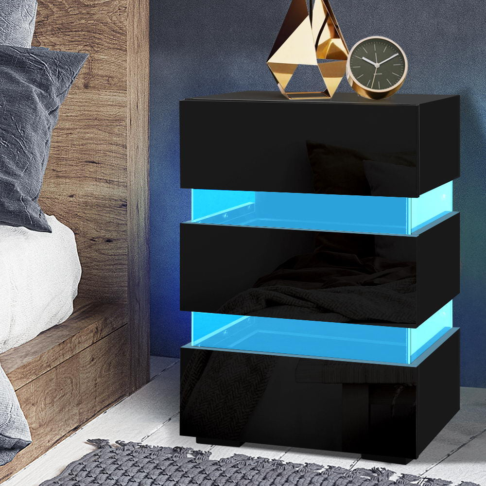 Artiss Lumi LED Bedside Table with 3 Drawers – Black