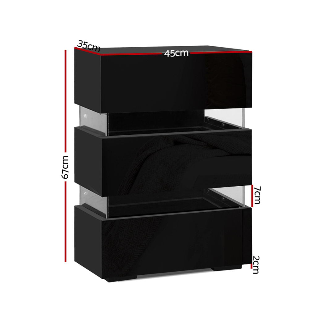 Artiss Lumi LED Bedside Table with 3 Drawers – Black