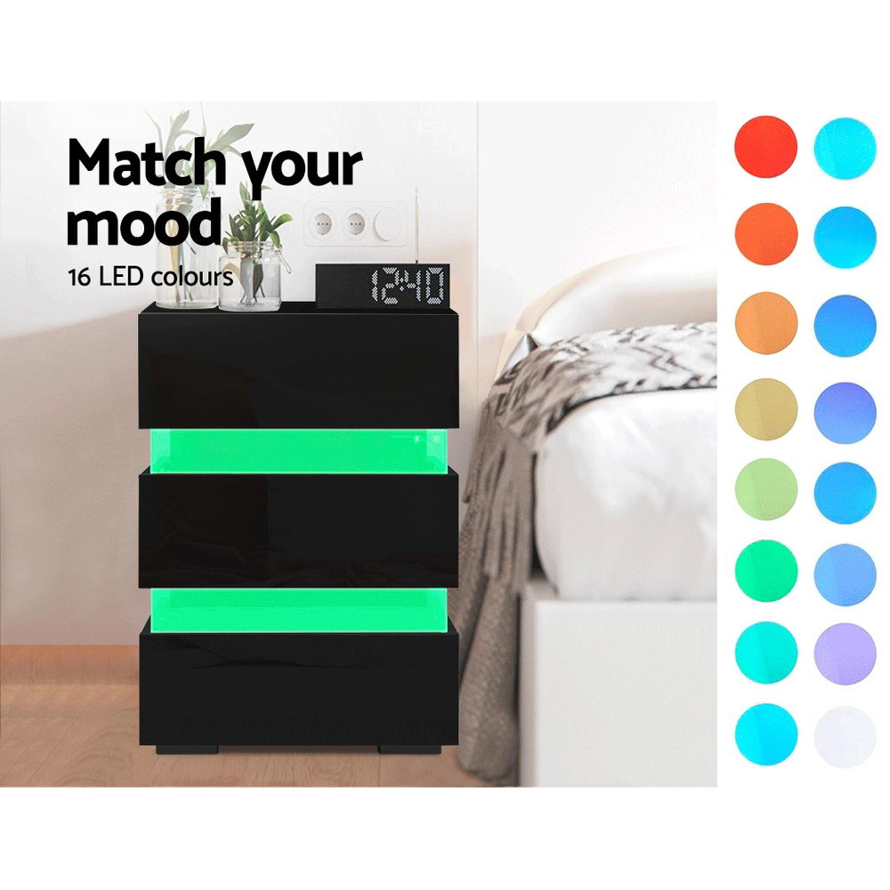 Artiss Lumi LED Bedside Table with 3 Drawers – Black