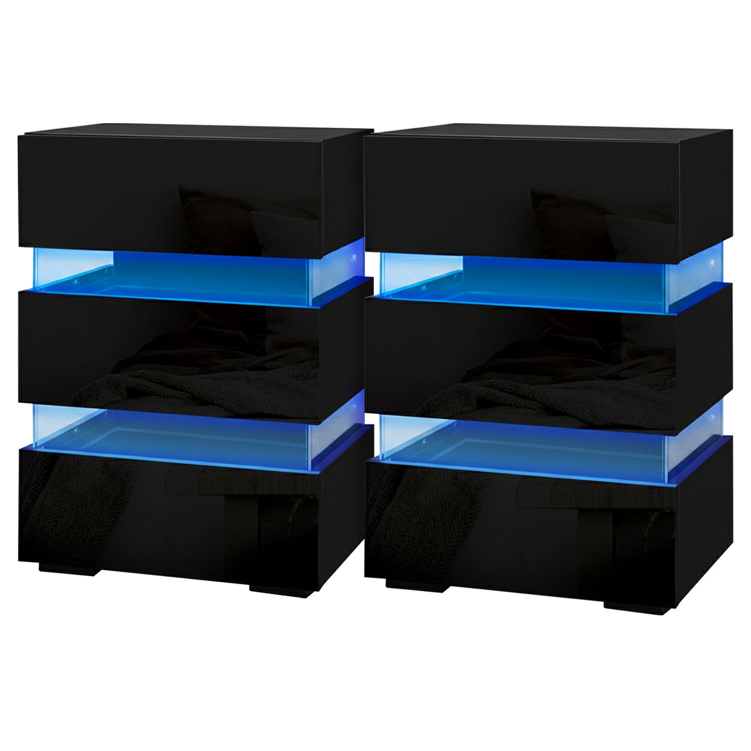Artiss Lumi LED Bedside Tables with 3 Drawers – Black, Set of 2