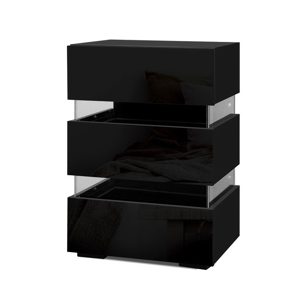 Artiss Lumi LED Bedside Tables with 3 Drawers – Black, Set of 2