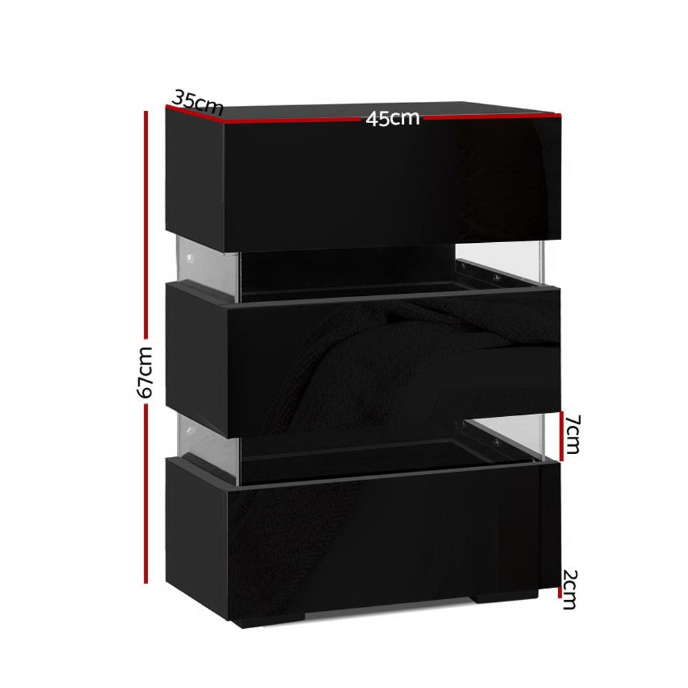 Artiss Lumi LED Bedside Tables with 3 Drawers – Black, Set of 2