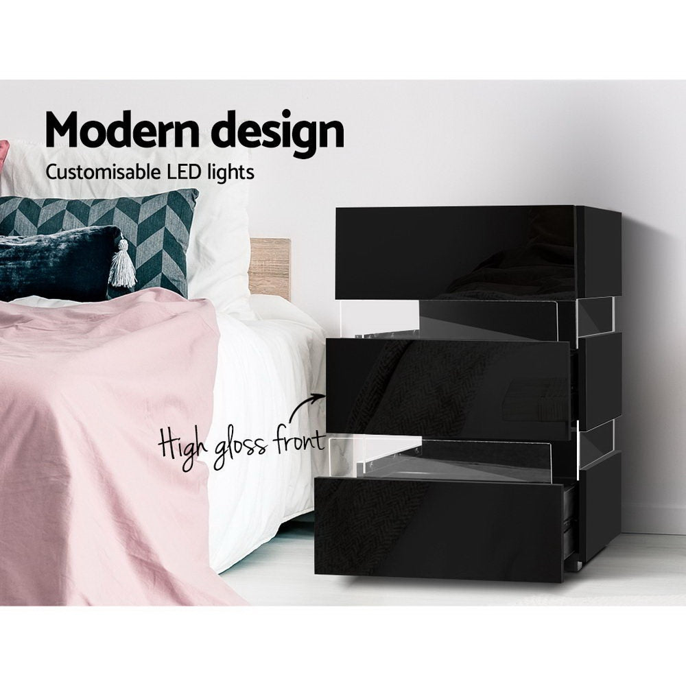 Artiss Lumi LED Bedside Tables with 3 Drawers – Black, Set of 2