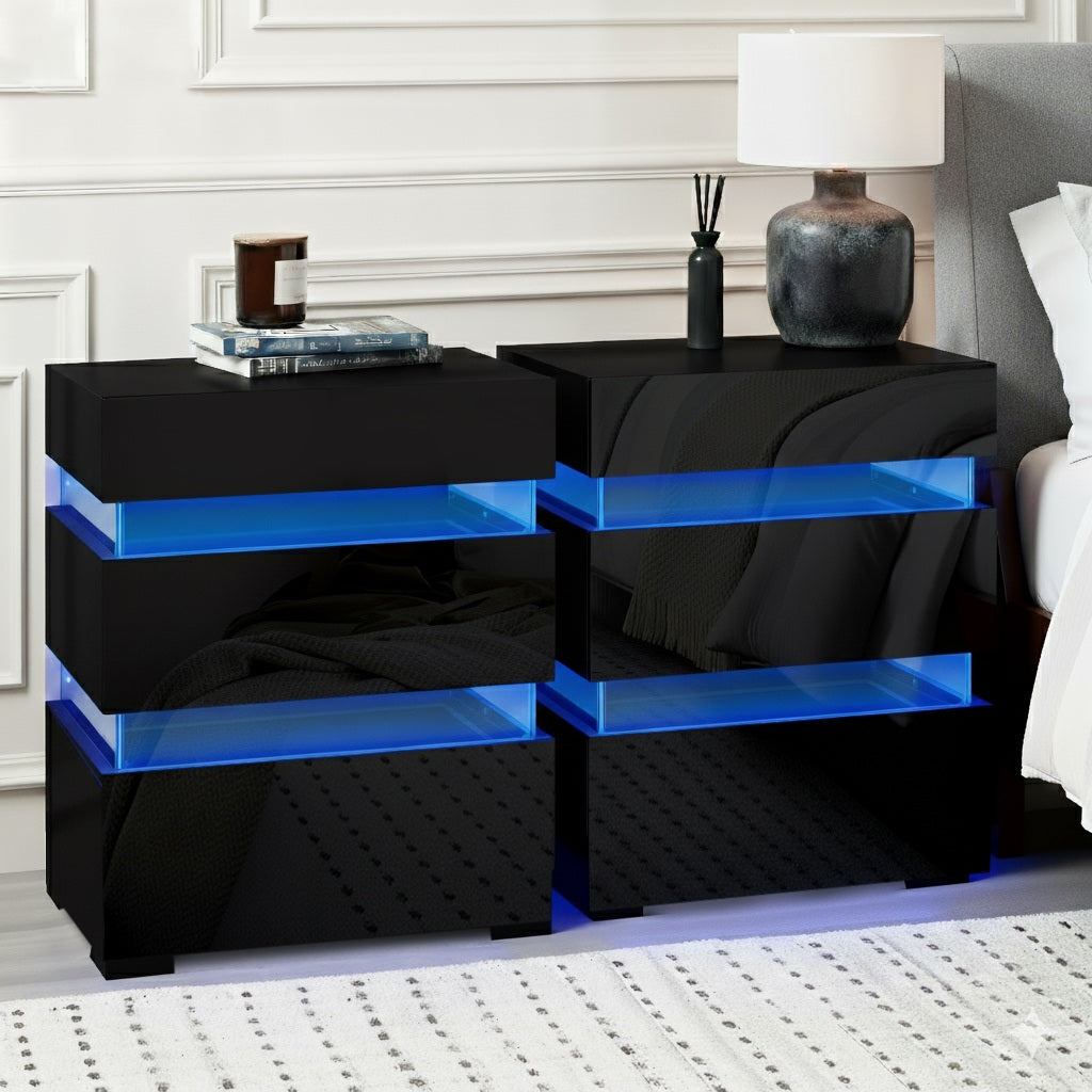 Artiss Lumi LED Bedside Tables with 3 Drawers – Black, Set of 2