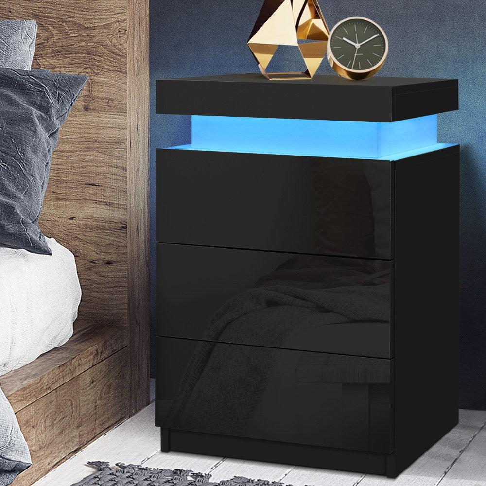 Artiss Coley LED Bedside Table with 3 Drawers and Lift-Up Storage – Black