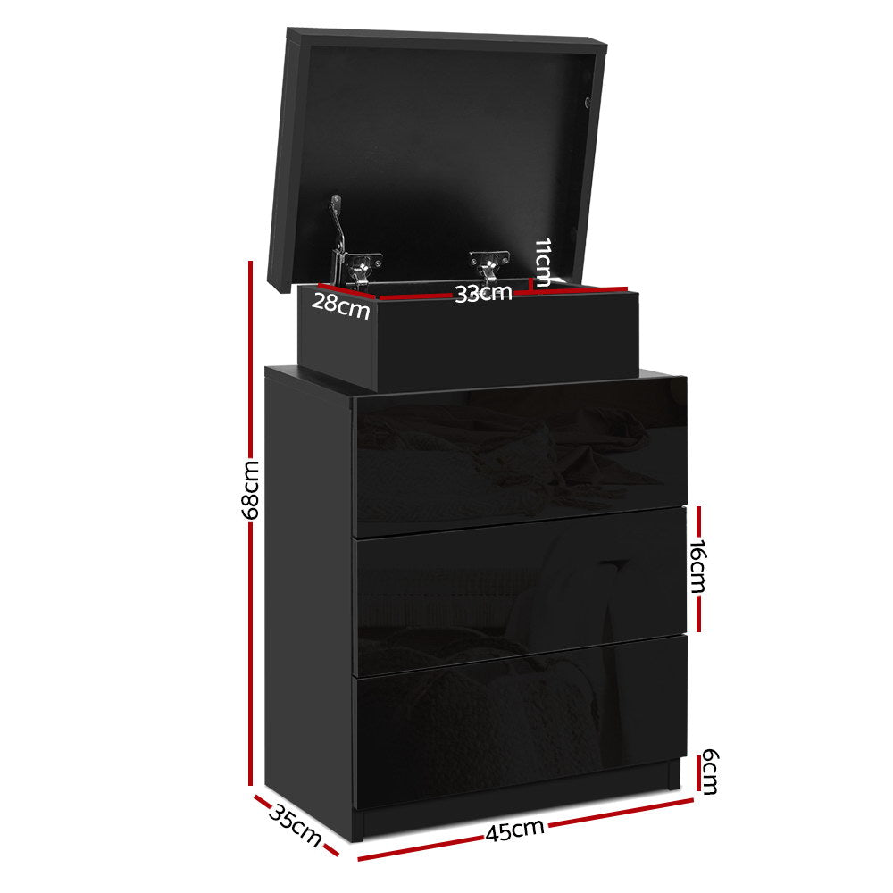 Artiss Coley LED Bedside Table with 3 Drawers and Lift-Up Storage – Black