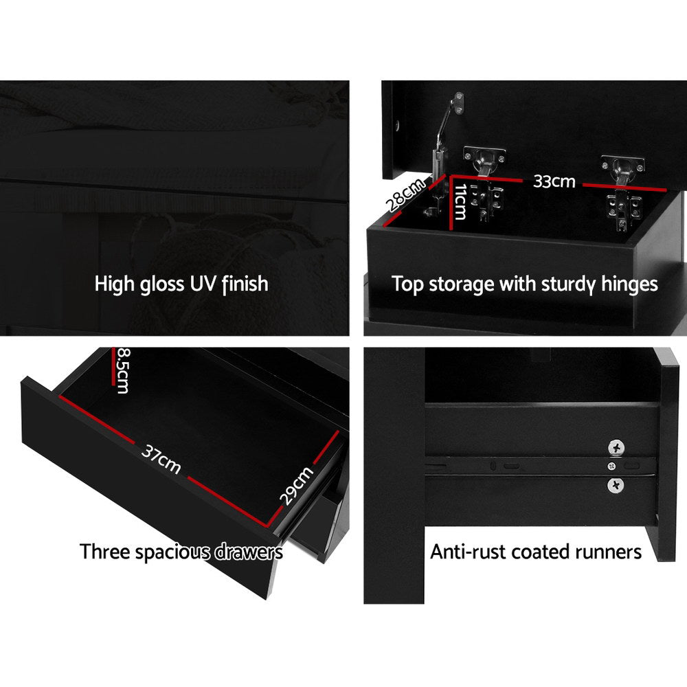 Artiss Coley LED Bedside Table with 3 Drawers and Lift-Up Storage – Black