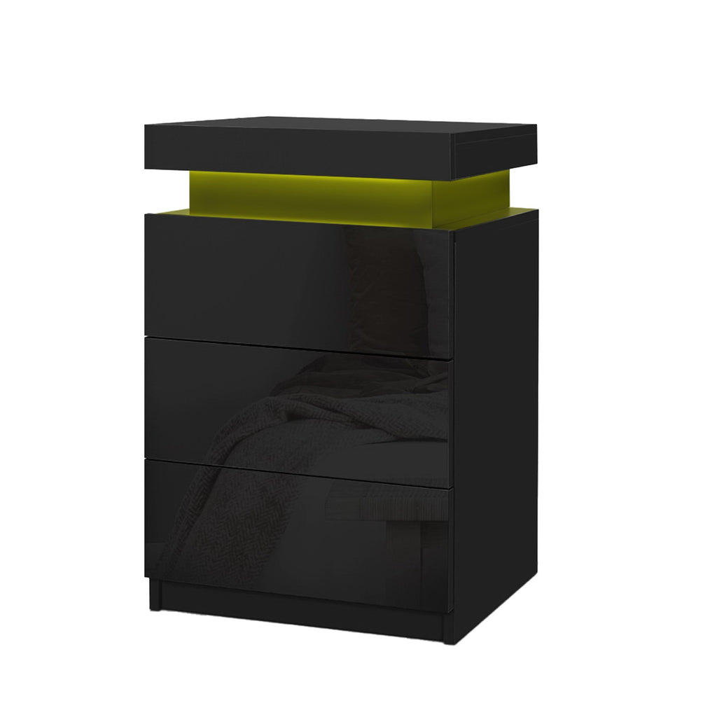 Artiss Coley LED Bedside Tables with 3 Drawers – Black, Set of 2
