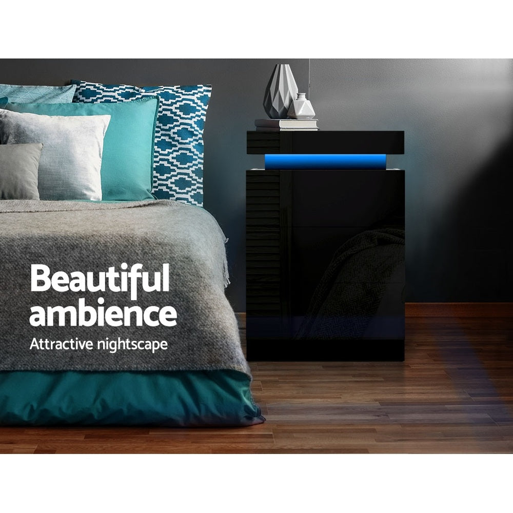 Artiss Coley LED Bedside Tables with 3 Drawers – Black, Set of 2