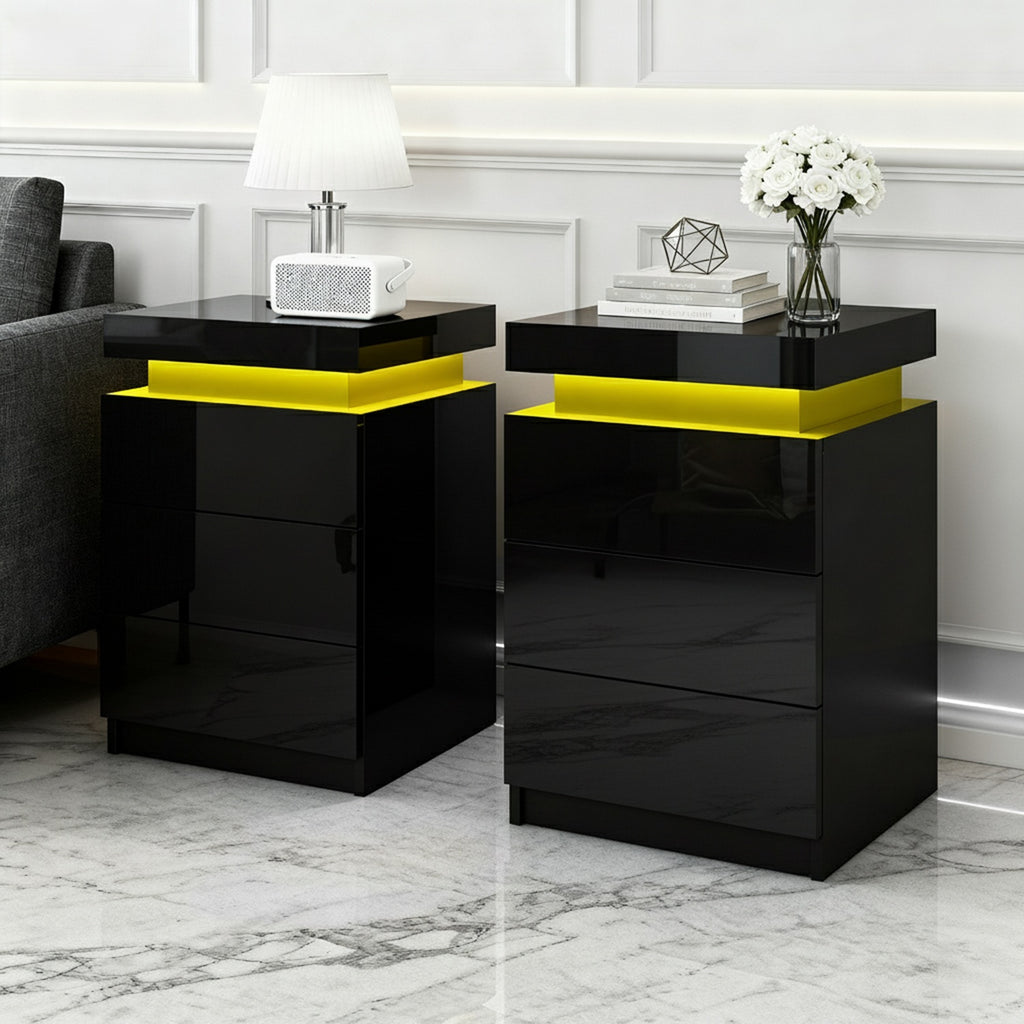 Artiss Coley LED Bedside Tables with 3 Drawers – Black, Set of 2