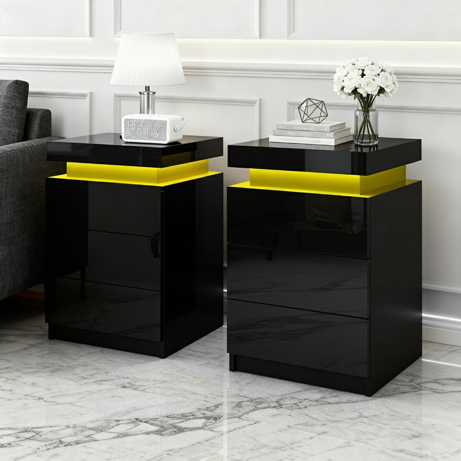 Artiss Coley LED Bedside Tables with 3 Drawers – Black, Set of 2
