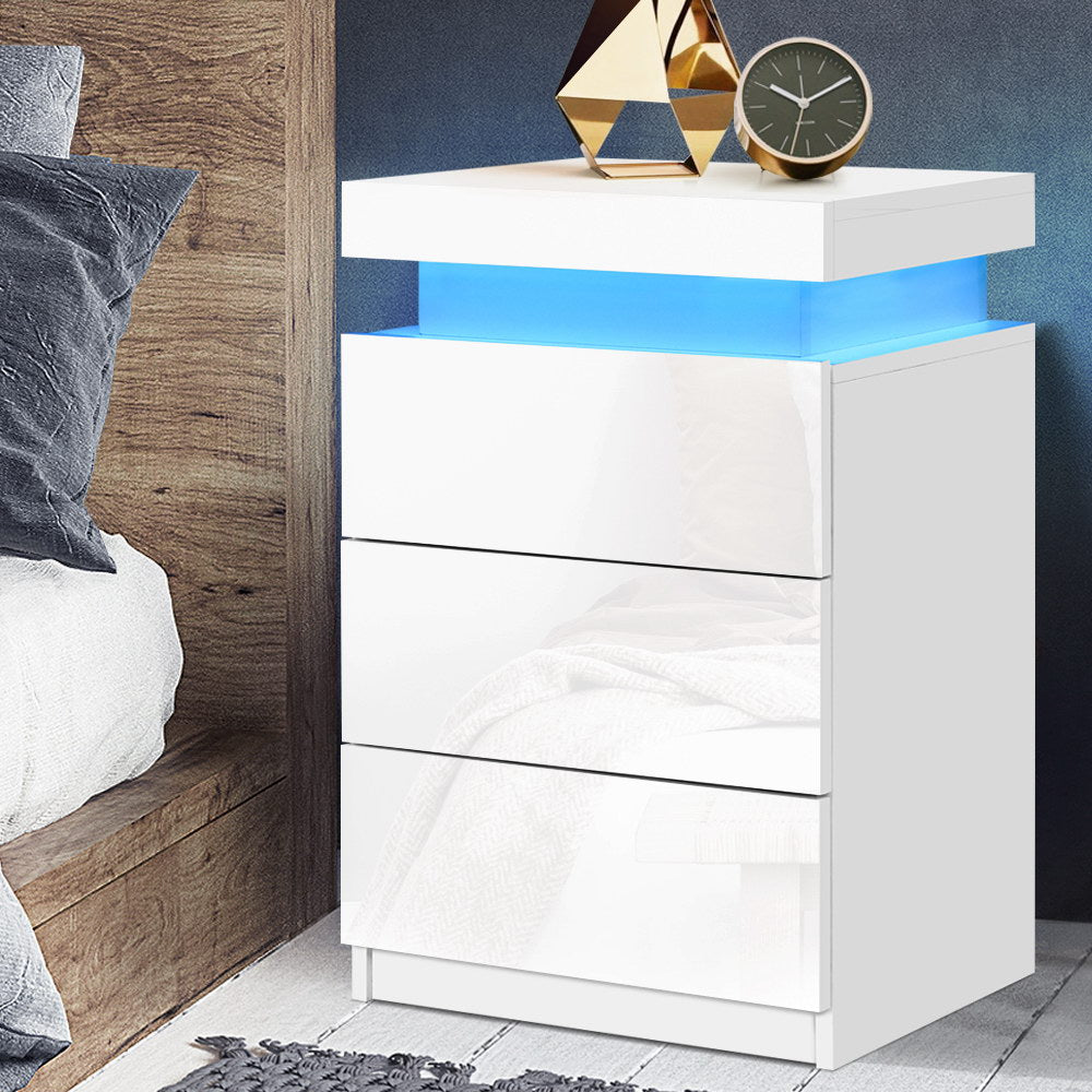 Artiss Coley LED Bedside Table with 3 Drawers and Lift-Up Storage – White