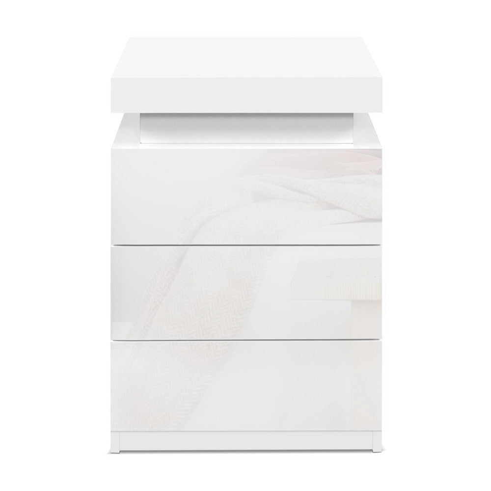 Artiss Coley LED Bedside Table with 3 Drawers and Lift-Up Storage – White