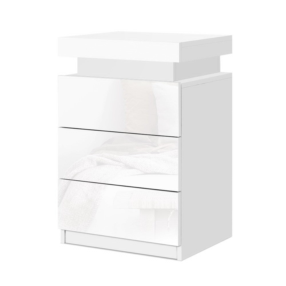 Artiss Coley LED Bedside Table with 3 Drawers and Lift-Up Storage – White