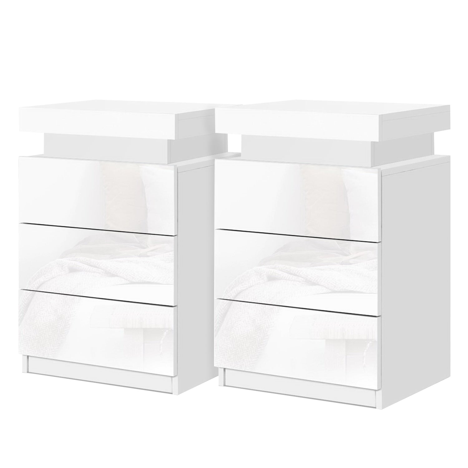 Artiss Coley LED Bedside Tables with 3 Drawers – White, Set of 2