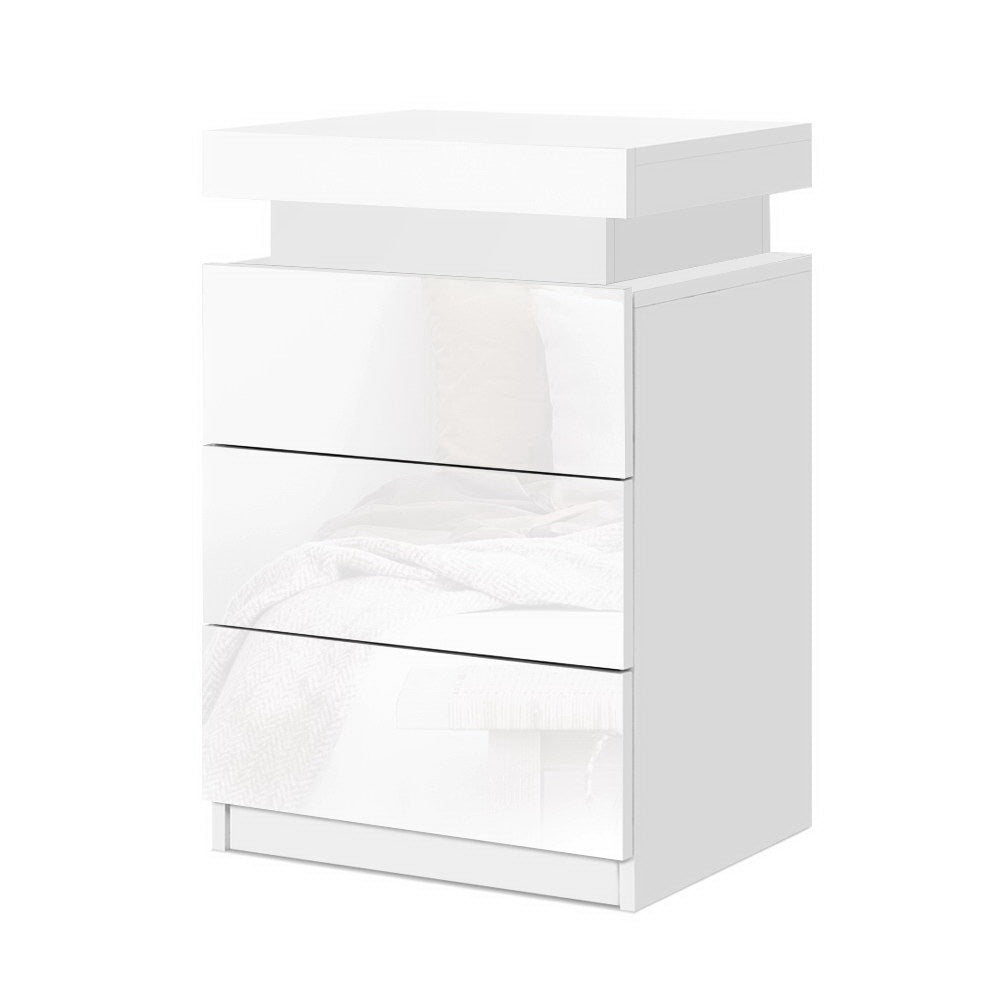 Artiss Coley LED Bedside Tables with 3 Drawers – White, Set of 2