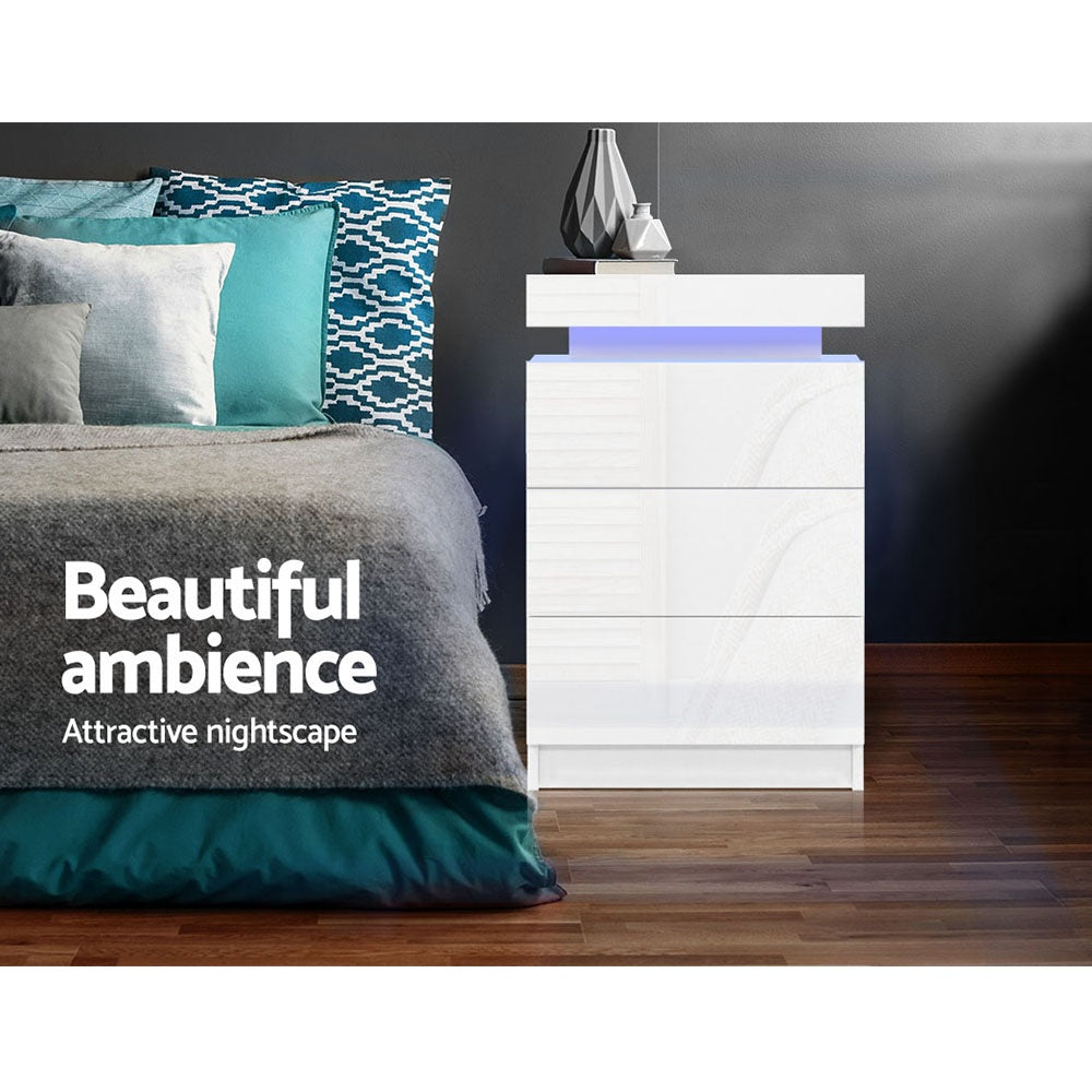 Artiss Coley LED Bedside Tables with 3 Drawers – White, Set of 2