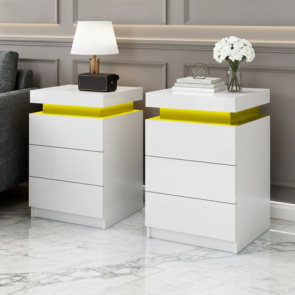 Artiss Coley LED Bedside Tables with 3 Drawers – White, Set of 2