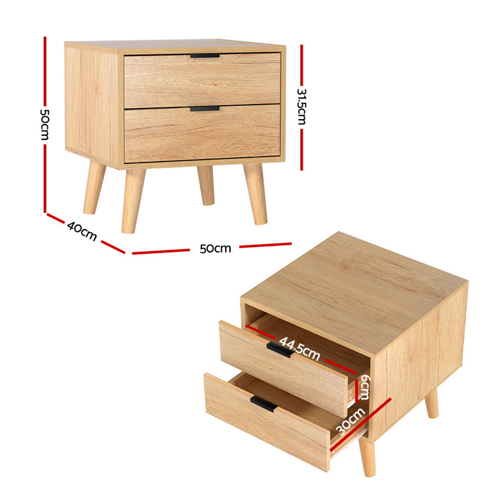 Artiss 2-Drawer Bedside Table with Pine-Wood Legs – Pine Look