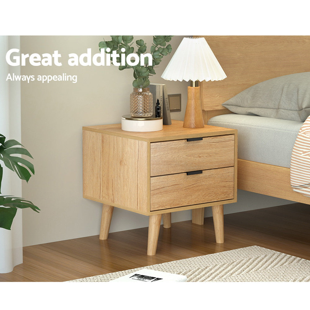 Artiss 2-Drawer Bedside Table with Pine-Wood Legs – Pine Look