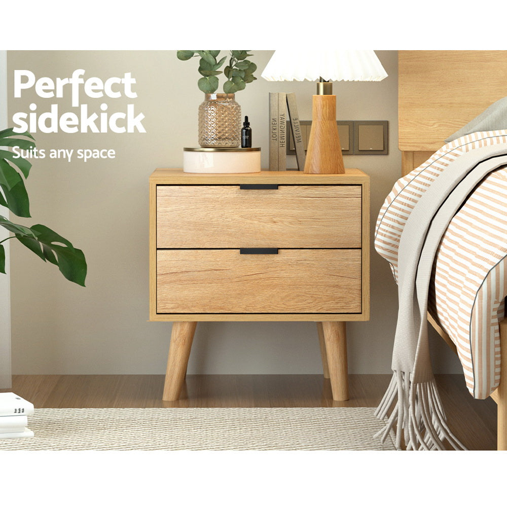 Artiss 2-Drawer Bedside Table with Pine-Wood Legs – Pine Look