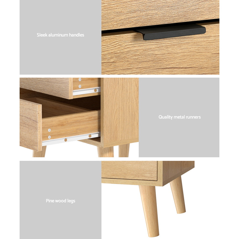 Artiss 2-Drawer Bedside Table with Pine-Wood Legs – Pine Look