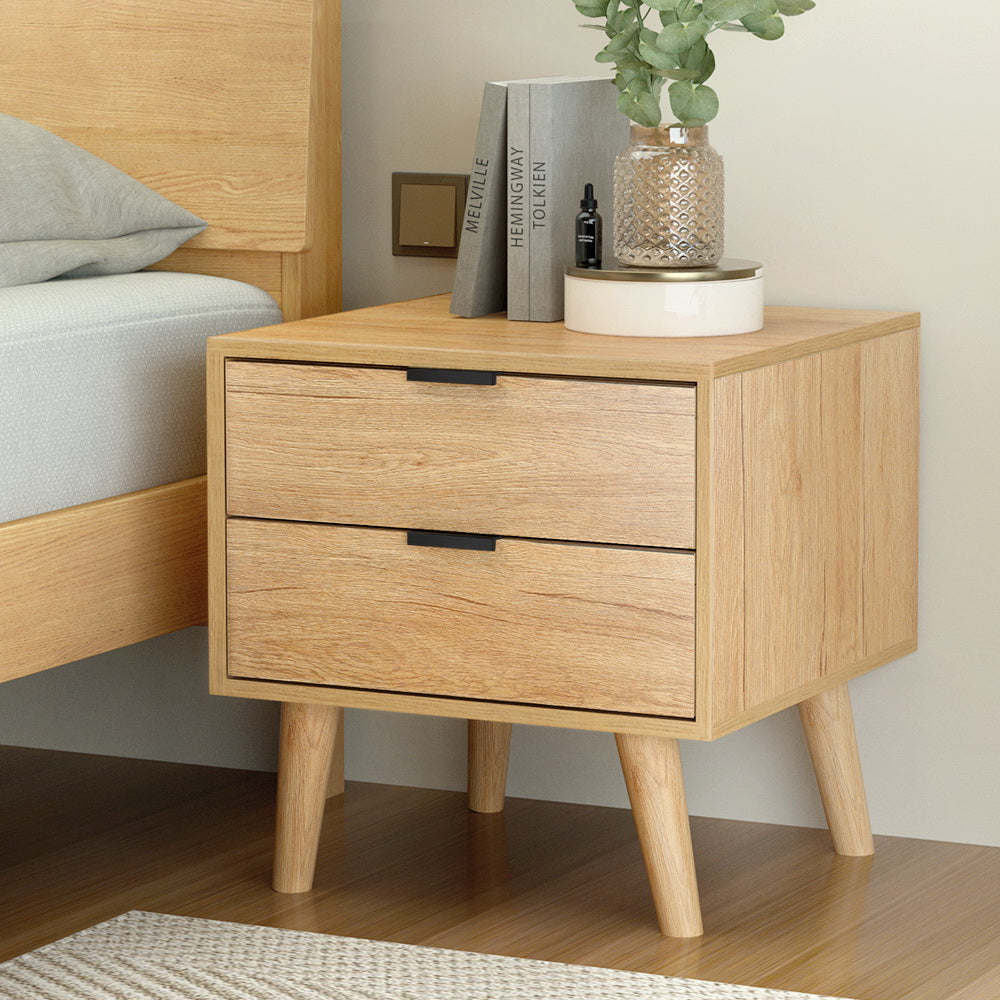 Artiss 2-Drawer Bedside Table with Pine-Wood Legs – Pine Look