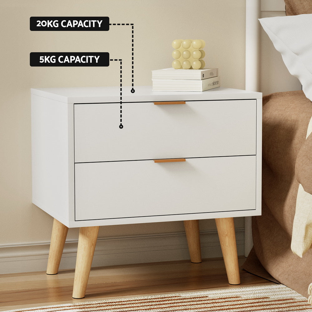Artiss 2-Drawer Bedside Table with Pine-Wood Legs – White and Pine