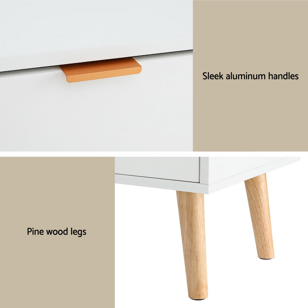 Artiss 2-Drawer Bedside Table with Pine-Wood Legs – White and Pine