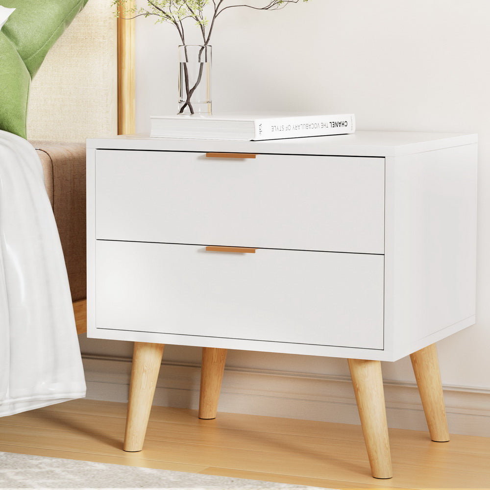 Artiss 2-Drawer Bedside Table with Pine-Wood Legs – White and Pine