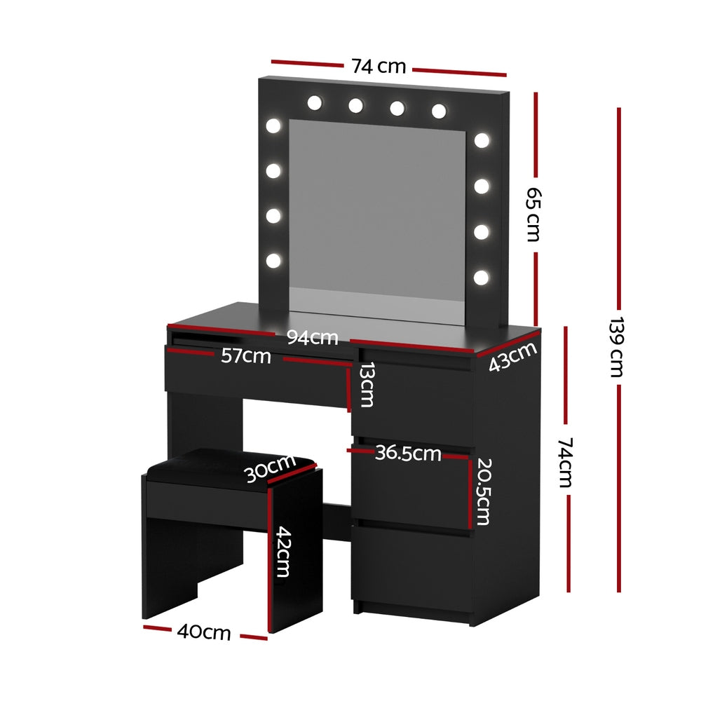 Artiss LED Dressing Table & Stool with 12 Bulbs and 4 Drawers – Black
