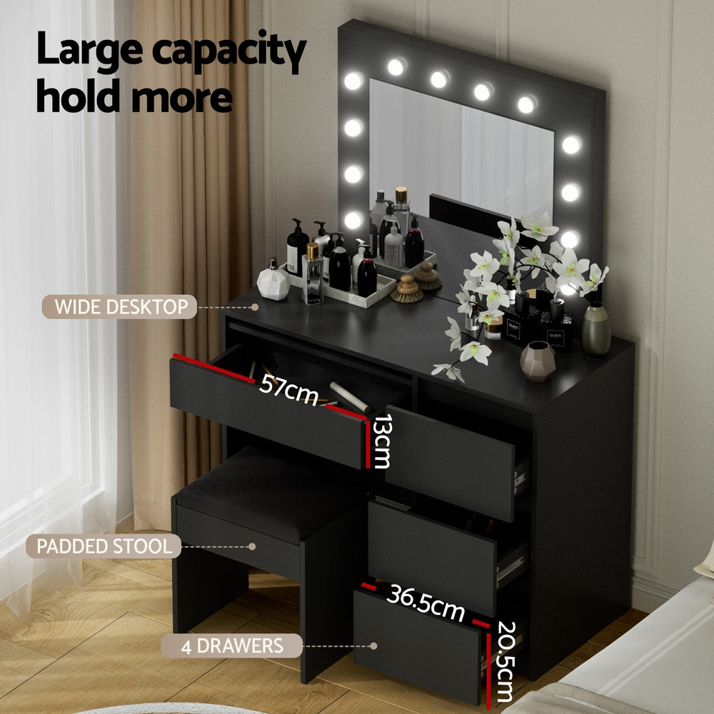 Artiss LED Dressing Table & Stool with 12 Bulbs and 4 Drawers – Black