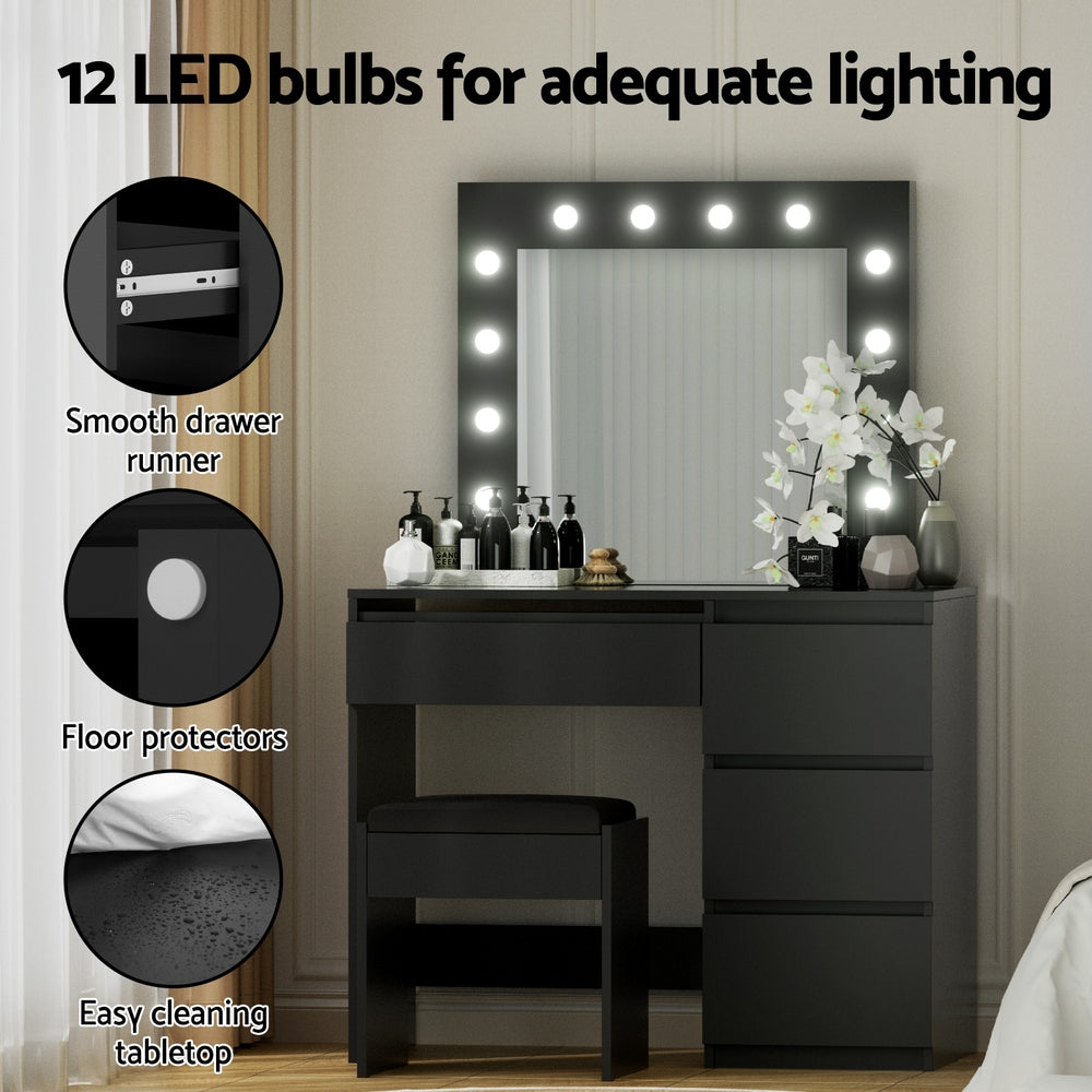 Artiss LED Dressing Table & Stool with 12 Bulbs and 4 Drawers – Black