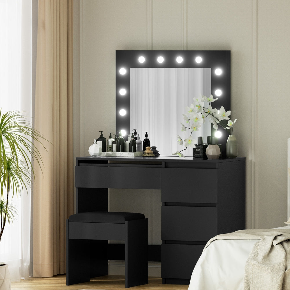 Artiss LED Dressing Table & Stool with 12 Bulbs and 4 Drawers – Black