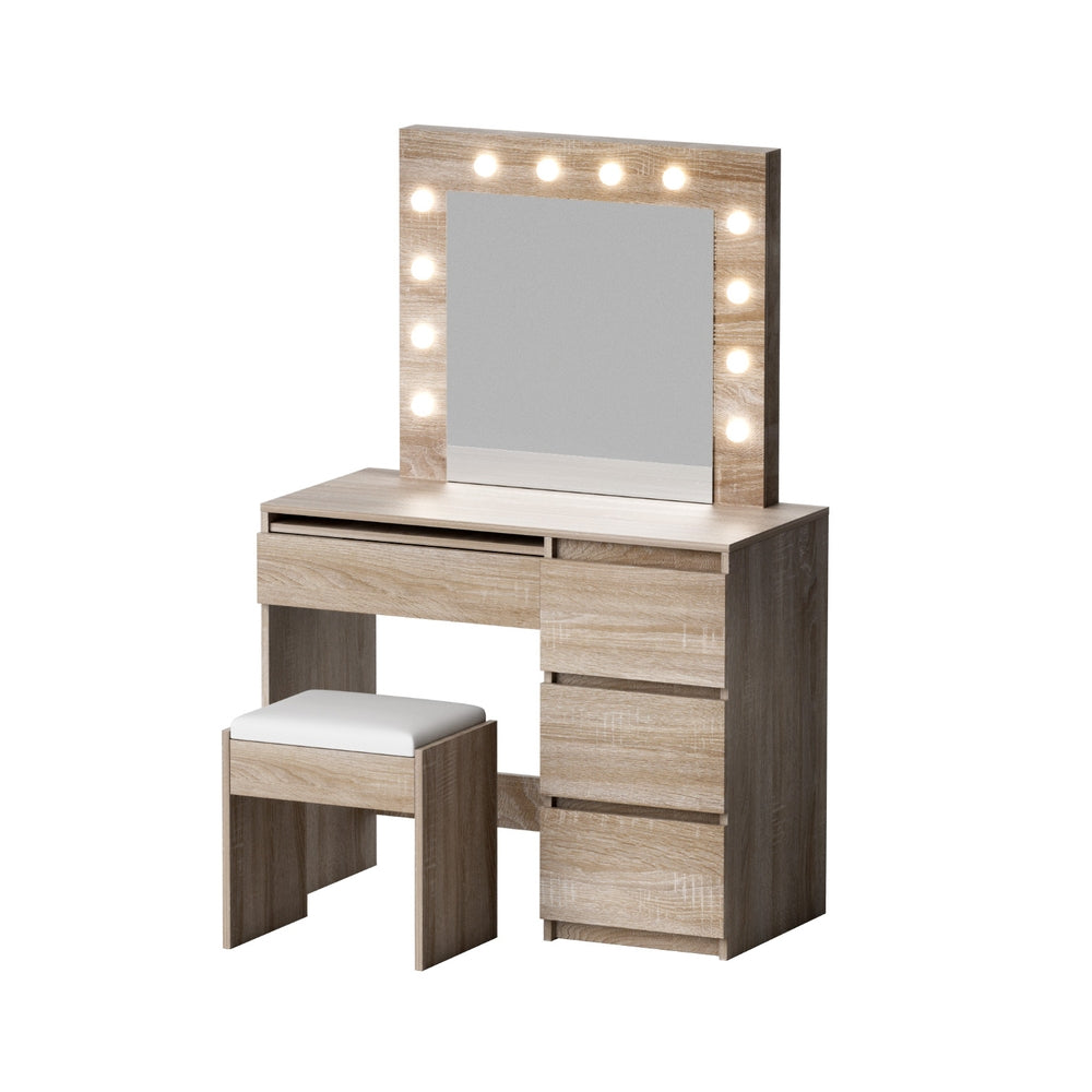 Artiss LED Dressing Table & Stool with 12 Bulbs and 4 Drawers – Wood Look